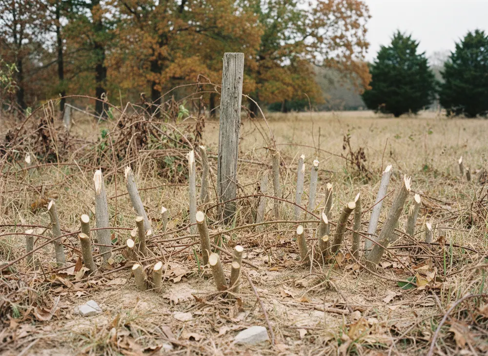 Severed briar and honeysuckle canes cut low around a weathered fence post