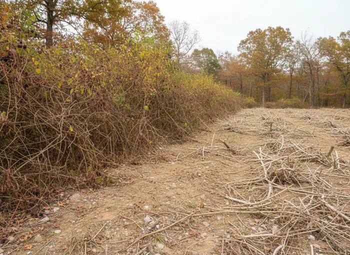 Cut brush stubble beside a standing thicket of briar and honeysuckle