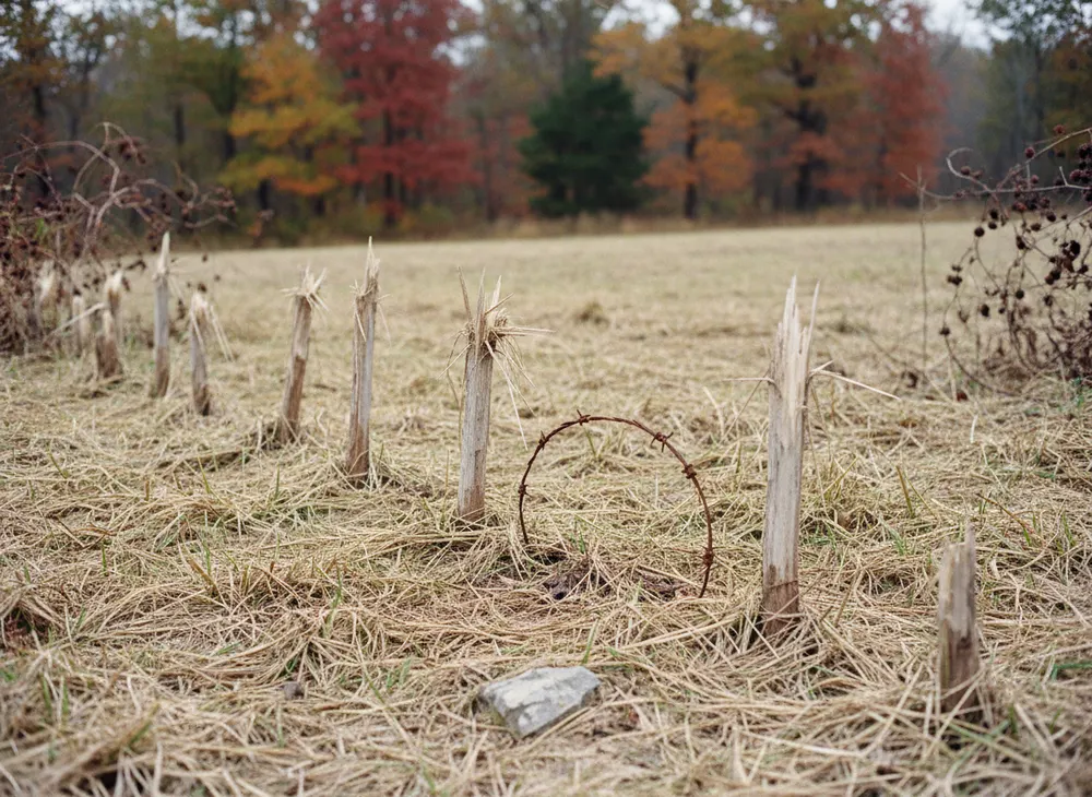 Splintered woody stobs standing above cut stubble beside a loop of rusted wire