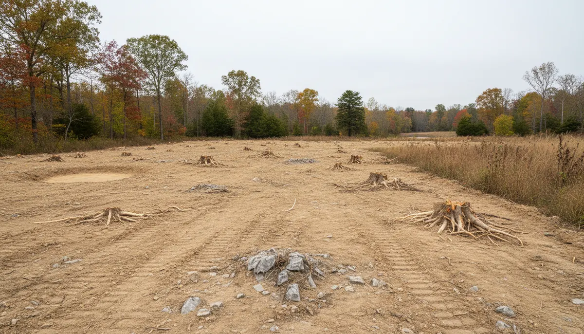 Bare subgrade pocked with root ball craters ending at uncut ground