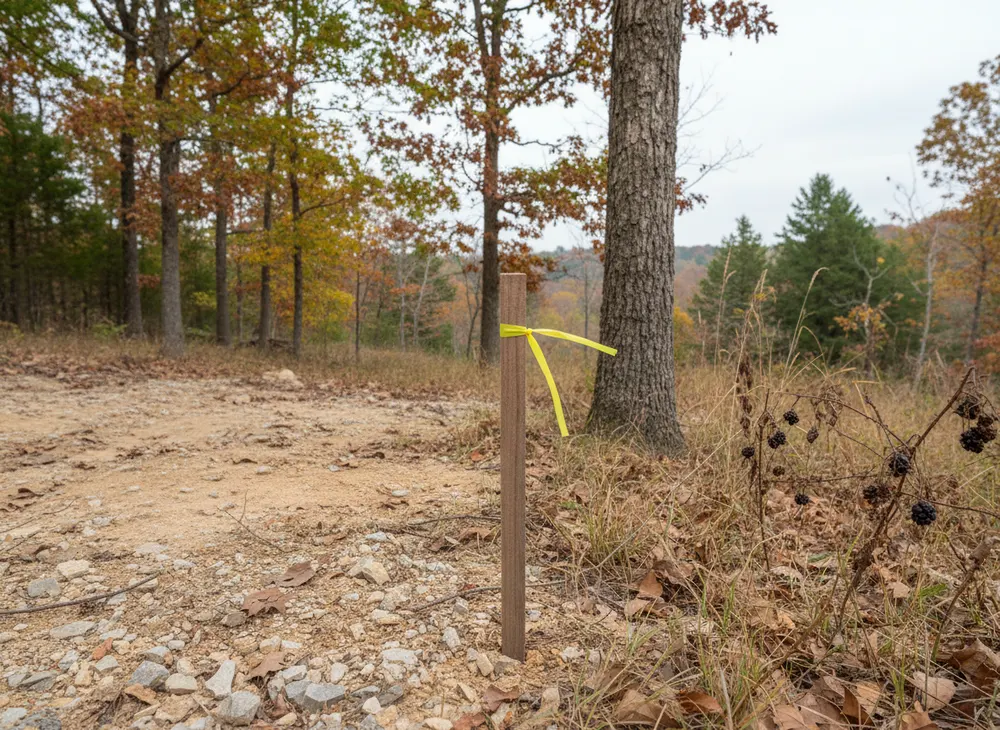 A survey stake with plain flagging where the cut line stops at standing timber