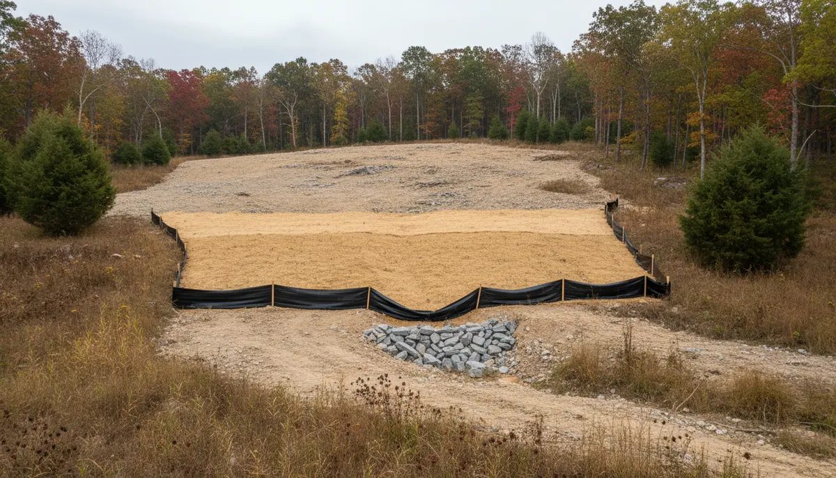 Silt fence, a limestone check dam and a matted seeded band on one slope