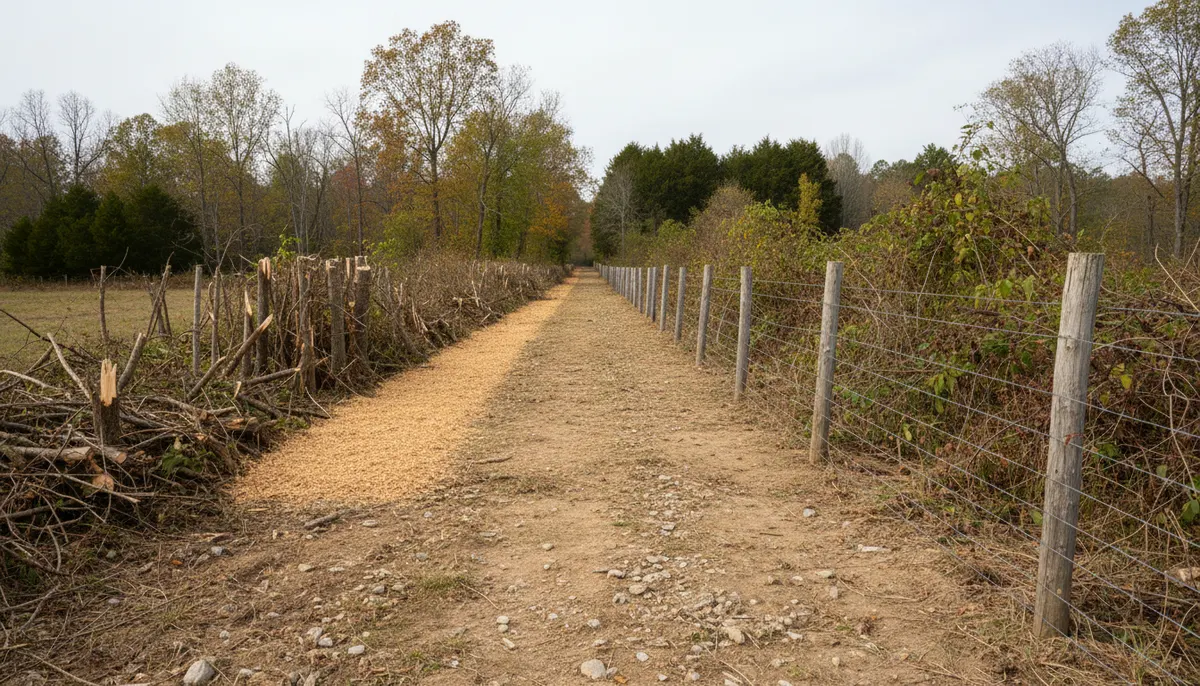 A cleared boundary corridor with mulch on one side and an old wire fence on the other