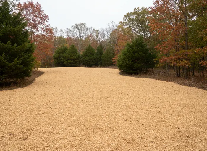 An even mulch mat running up a rise to standing hardwood timber