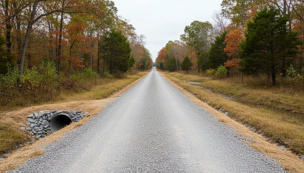 A crowned gravel drive with cut ditches falling away on both sides