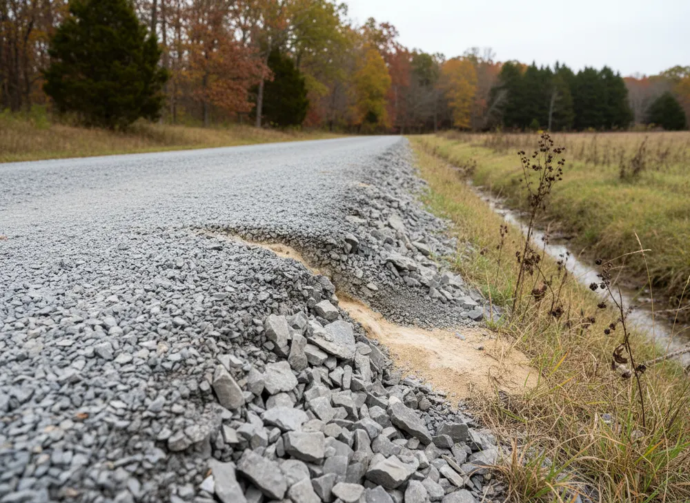 Coarse base course showing under a keyed crushed limestone surface layer