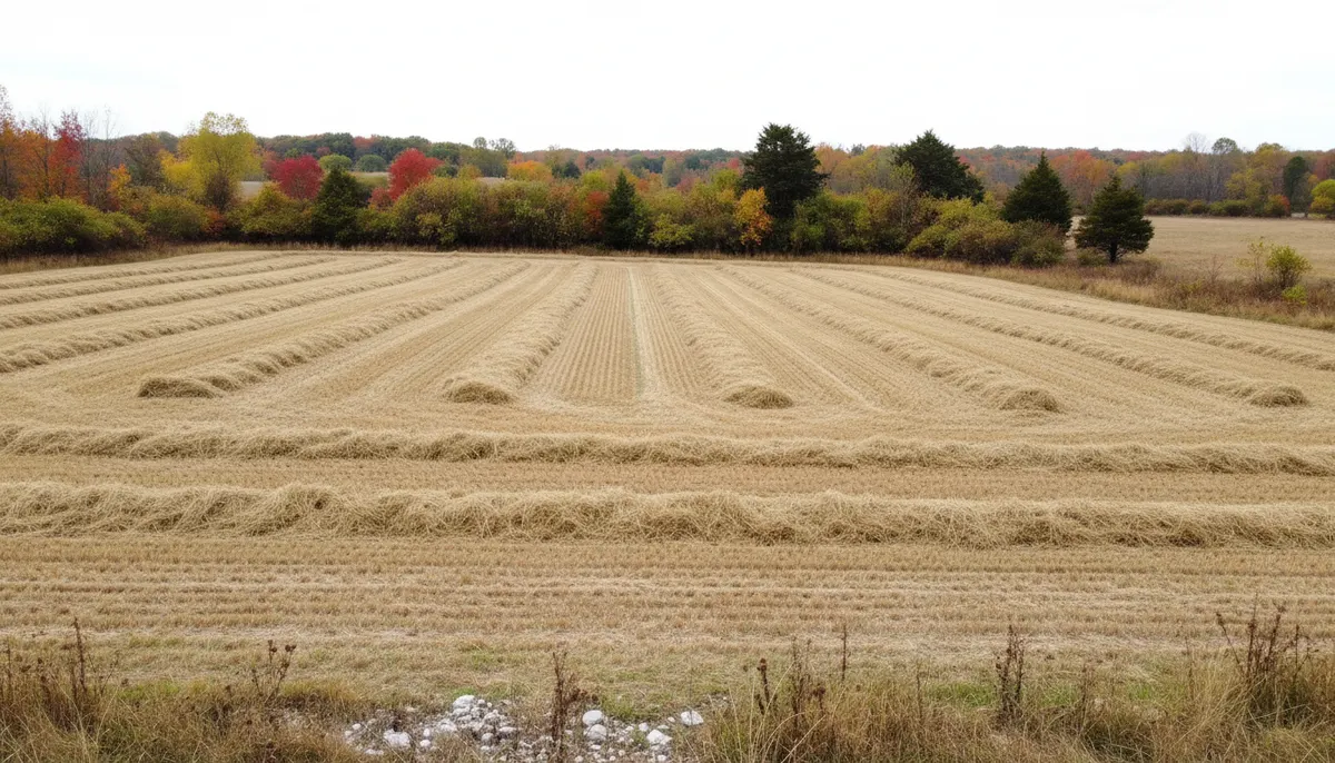 A near level hayfield cut in long parallel swaths to a dense hedgerow