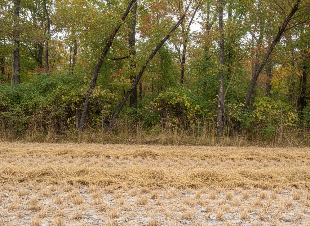 Mown stubble stopping hard against a standing fencerow