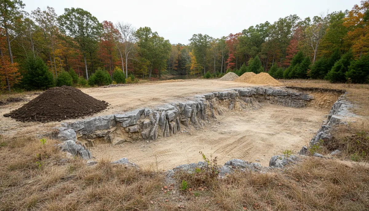 A pad cut to a benched limestone face with topsoil and subsoil stockpiled apart
