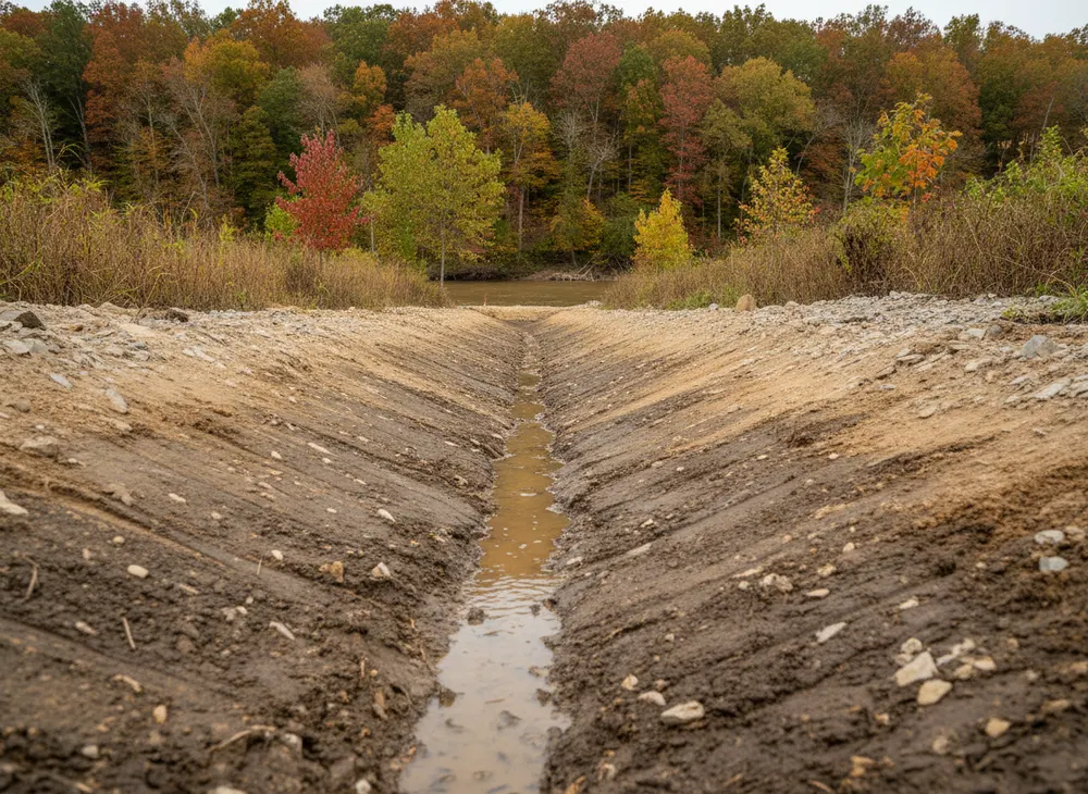 The invert of a new drainage swale with riverbank vegetation left standing