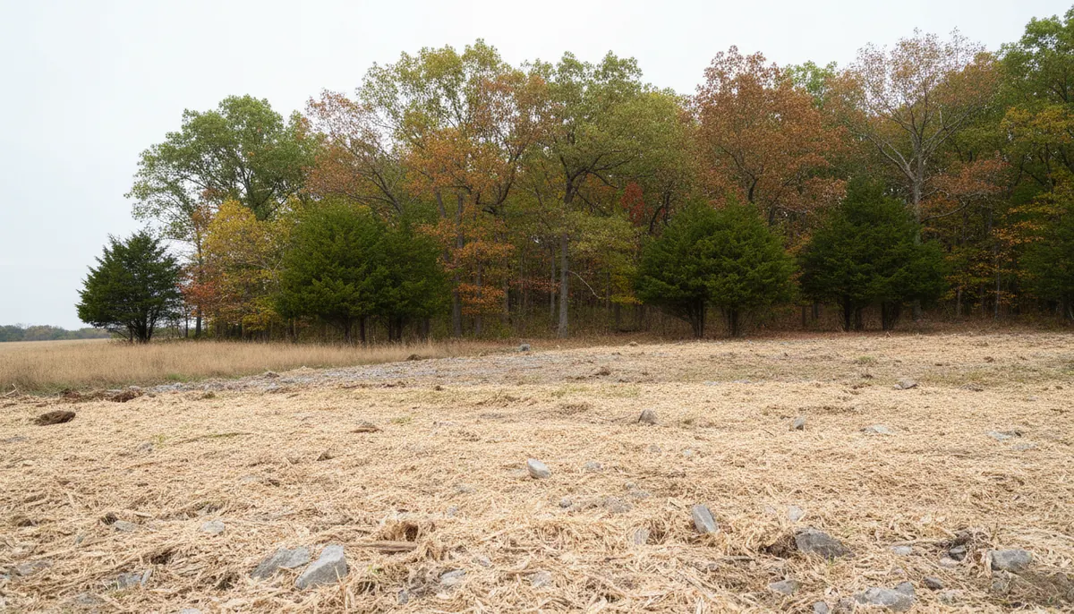 Mulched ground and grey limestone at the edge of a cleared Clarksville parcel