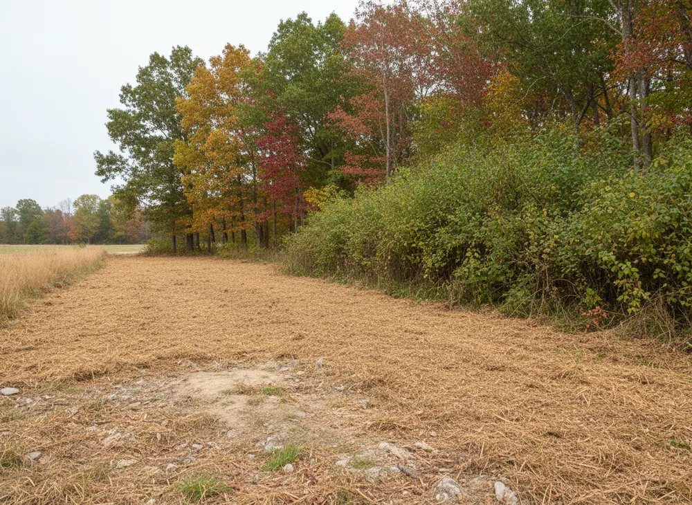 The working edge between mulched ground and standing honeysuckle and briar