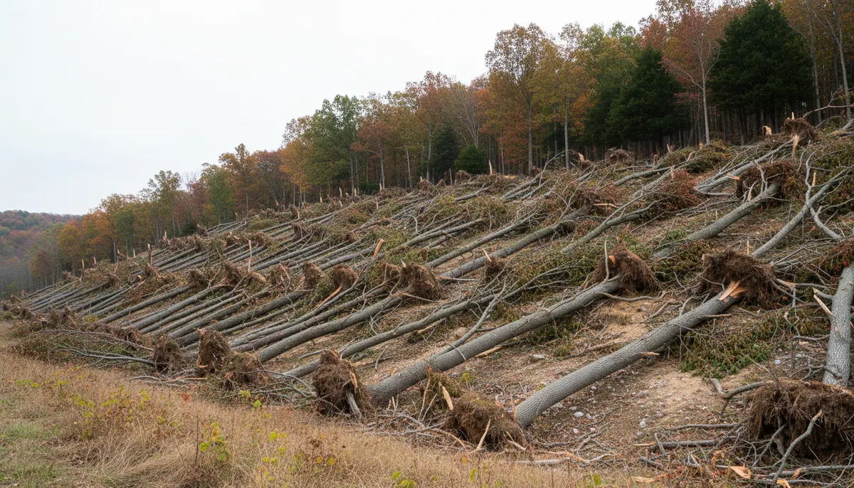 Storm thrown hardwoods laid flat in one direction below standing timber