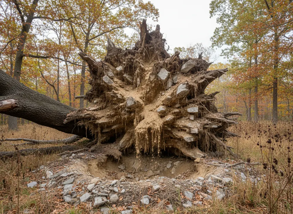An upturned root plate gripping soil and limestone above its crater