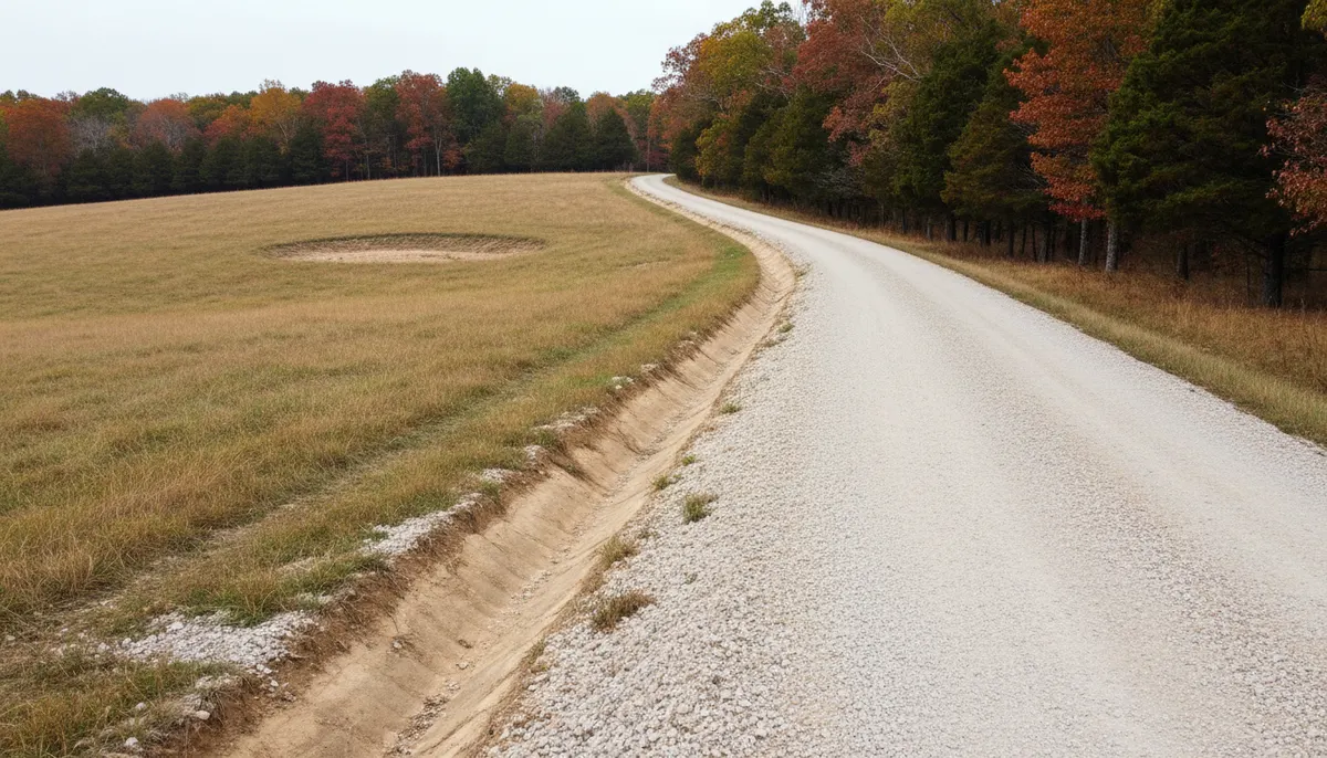 A crowned private gravel drive with a cut ditch and a closed depression beyond