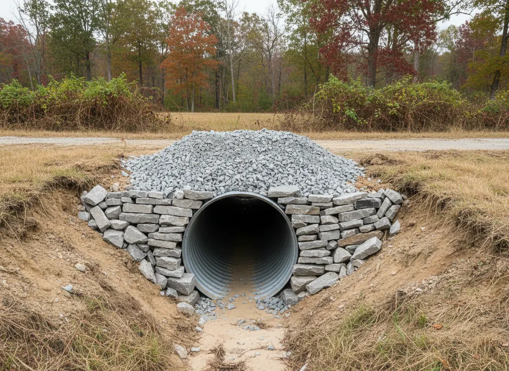 A culvert mouth with a limestone apron set into the ditch line