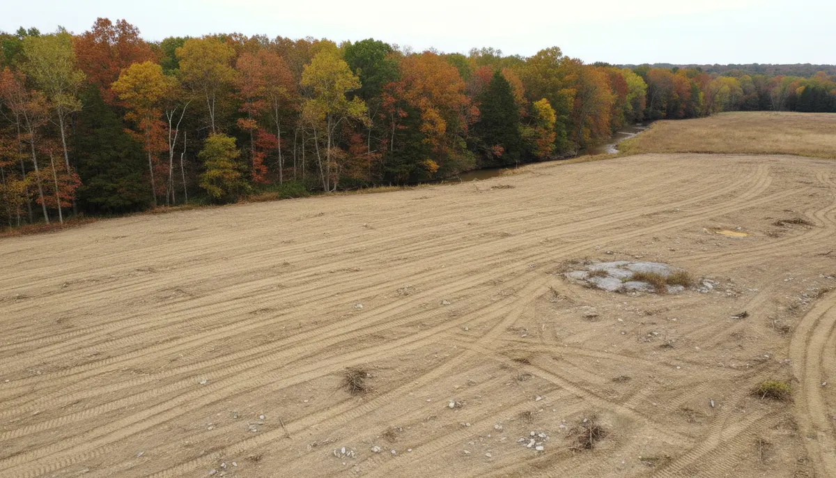 A grubbed tract stripped to subgrade stopping at trees along a watercourse