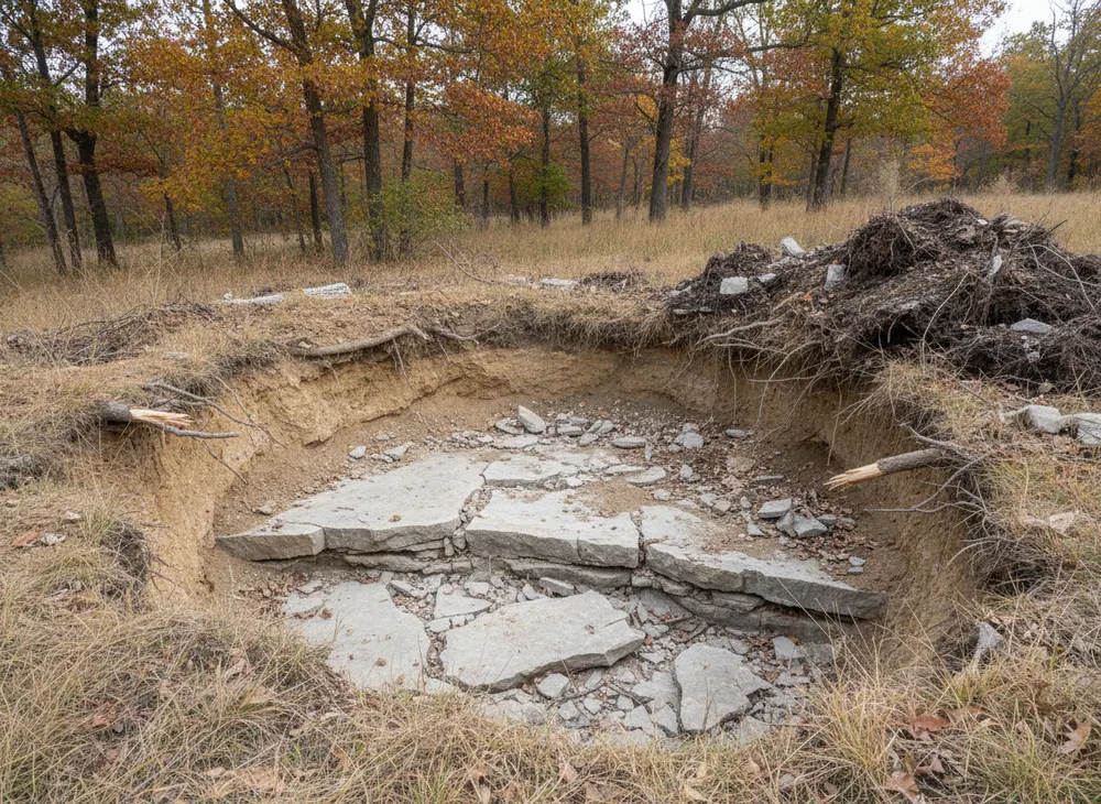 Limestone ledge exposed under the root zone of an excavated stump hole