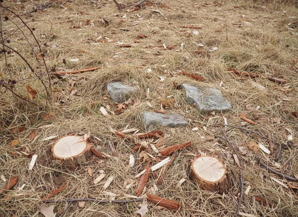 Chipped cedar and hardwood residue over rough grass with stumps cut flush