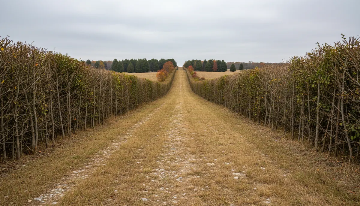 A dead straight cleared corridor running to the horizon across flat ground