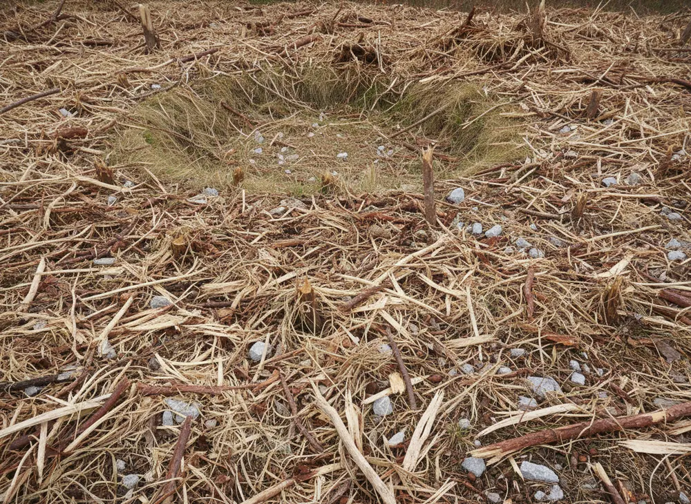 Coarse shredded stems thickening over the rim of a shallow depression