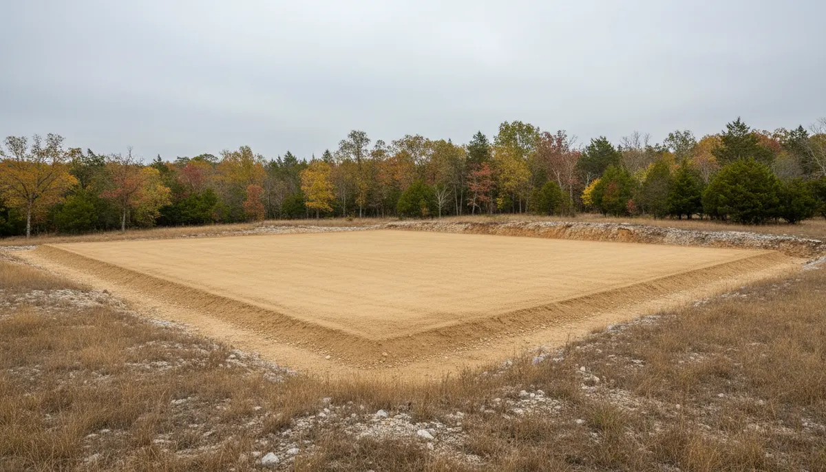 A finished rectangular build pad cut into slightly higher ground