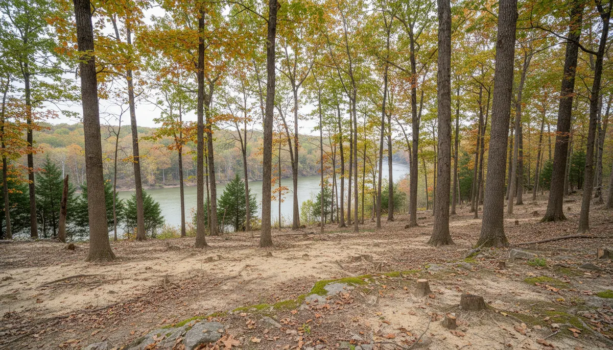 Open floor woodland with widely spaced mature trunks and sightlines to a river