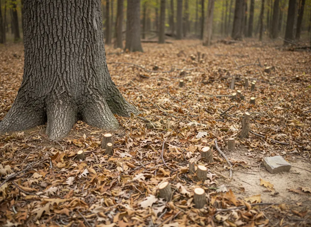 Leaf litter left undisturbed inside a drip line with invasive stems cut flush