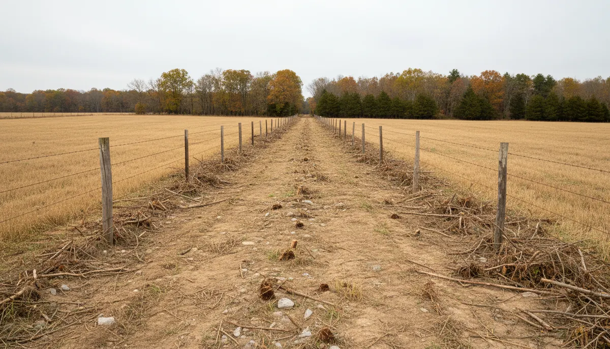 A fence line cut clear to a narrow corridor across dead flat farm ground