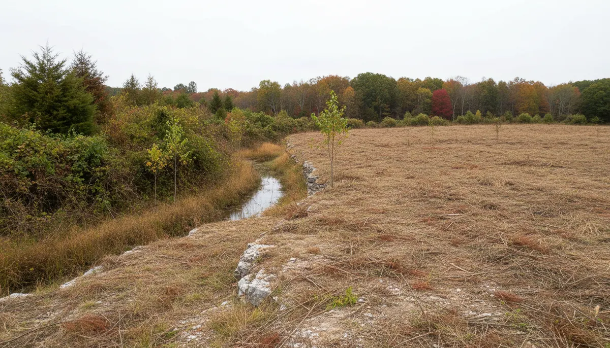 Cut brush stubble on dry high ground beside a standing thicket in the damp low part