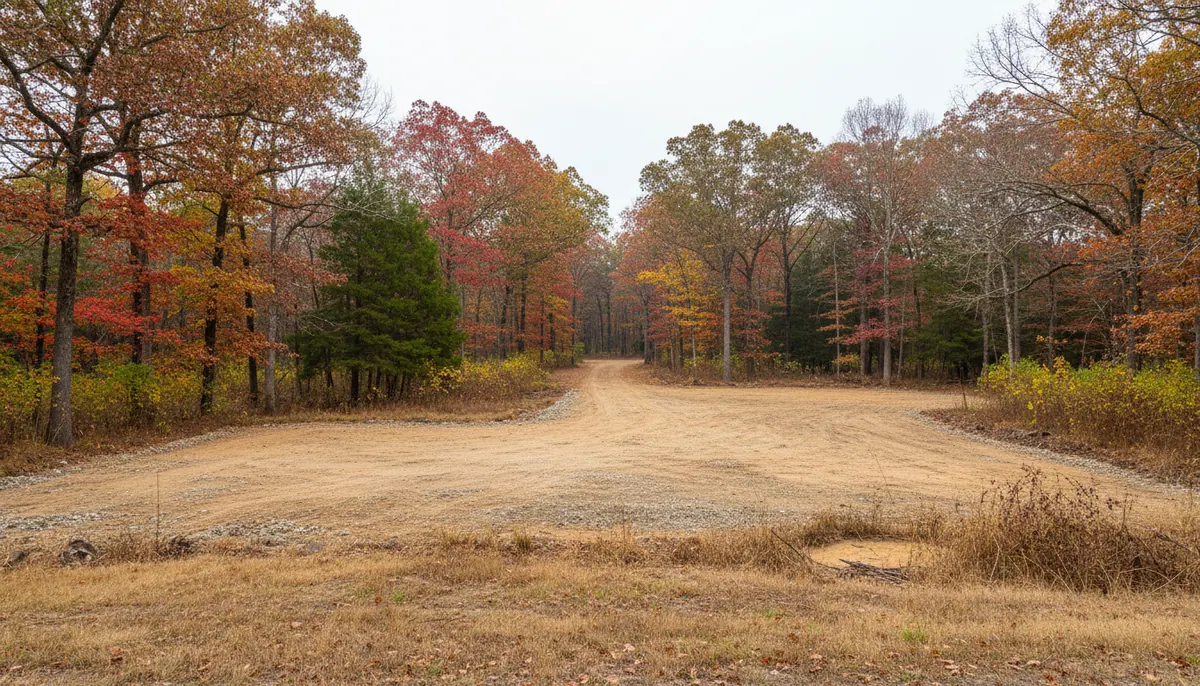 A cleared building pad and stripped drive corridor inside a retained treeline