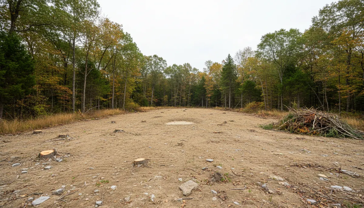 A rectangular cleared lot with straight boundaries against standing hardwoods