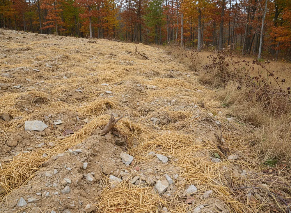 Loose straw scattered over freshly scarified soil at a down slope edge
