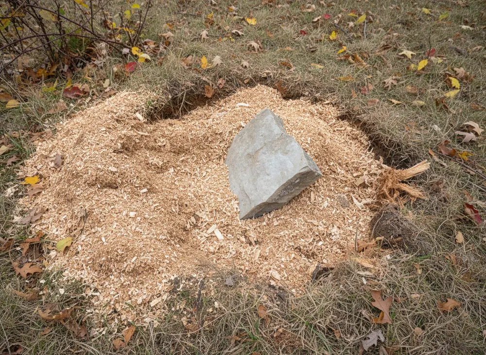 A ground out crater of coarse grindings with limestone turned up among the chips
