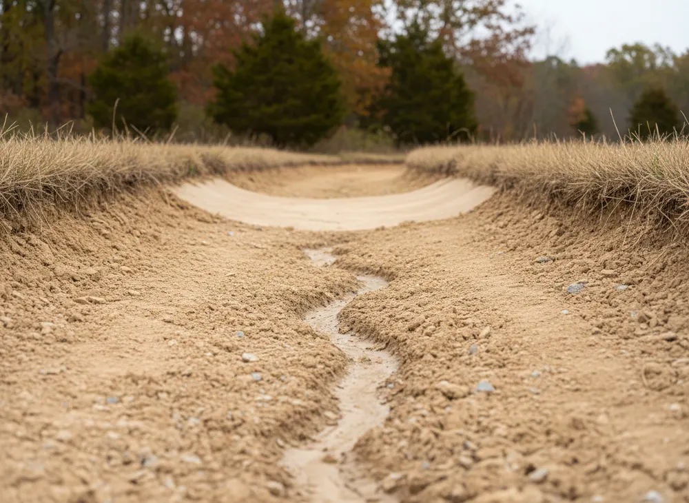 A swale invert in compacted silt loam with a water track down its centre