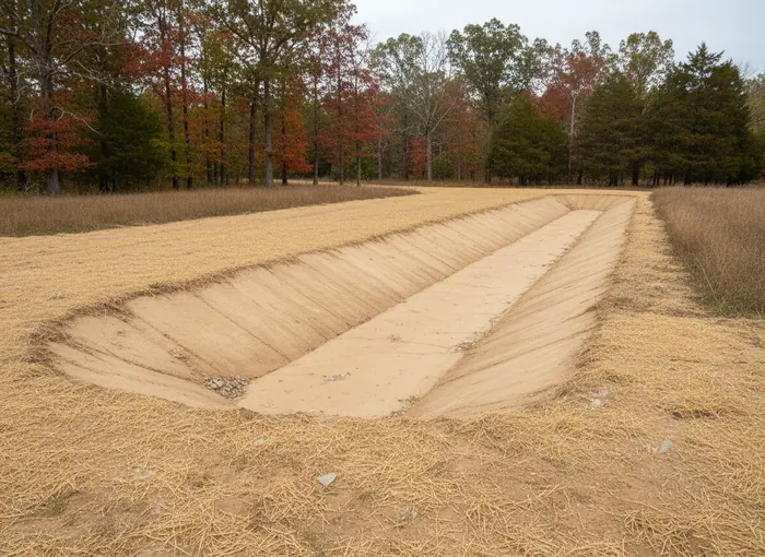 A shaped drainage swale cut into compacted silt loam running to its outlet