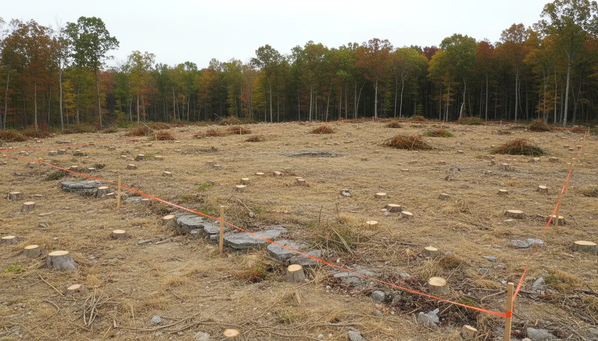Cut stumps left at ground level across a parcel opened to a flagged boundary