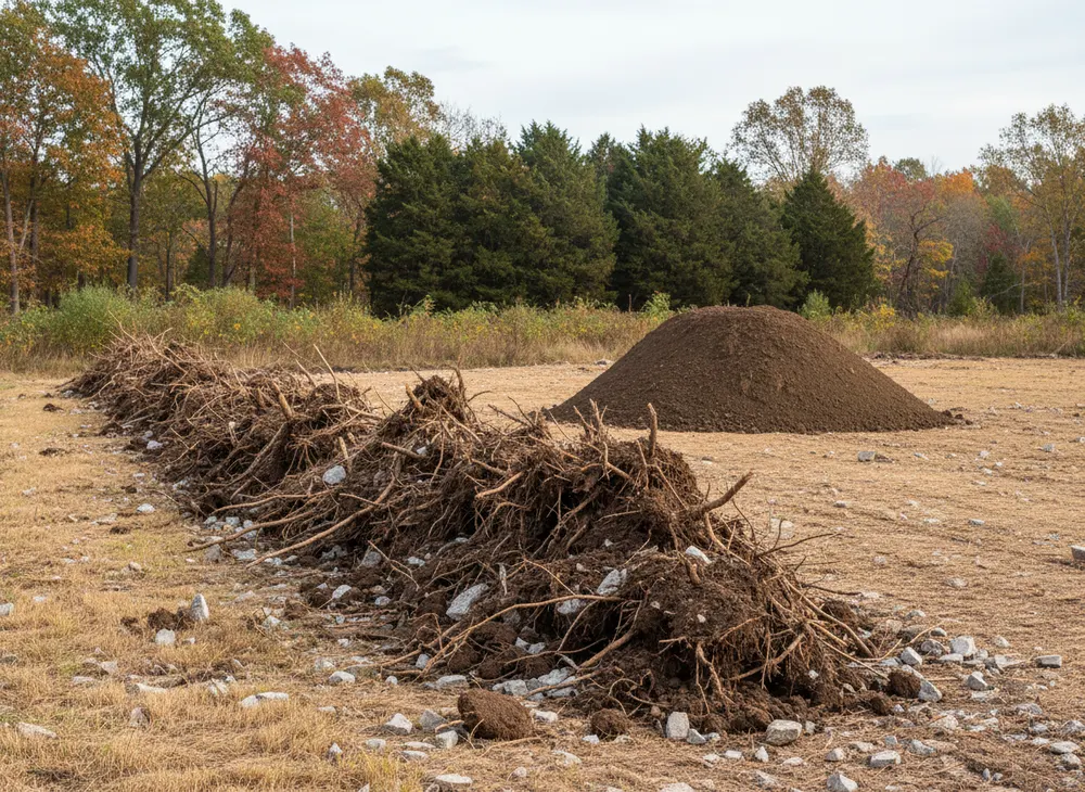 A push and pile windrow beside a separately stripped topsoil stockpile