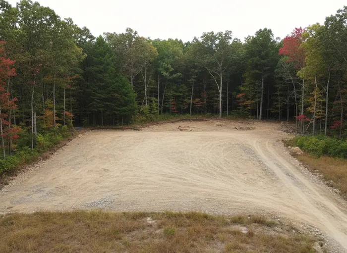 A cleared lot opened to the flagged boundary with timber standing beyond