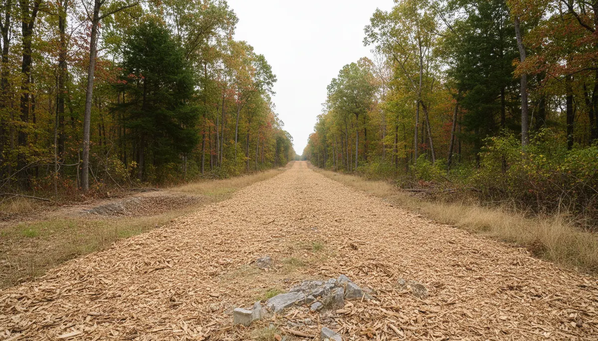 A mulched corridor cut to a fixed width between walls of standing timber