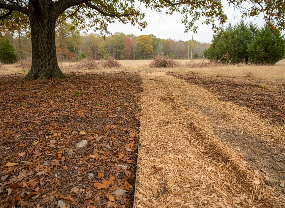 Undisturbed leaf litter inside a drip line with mulch stopping at the edge