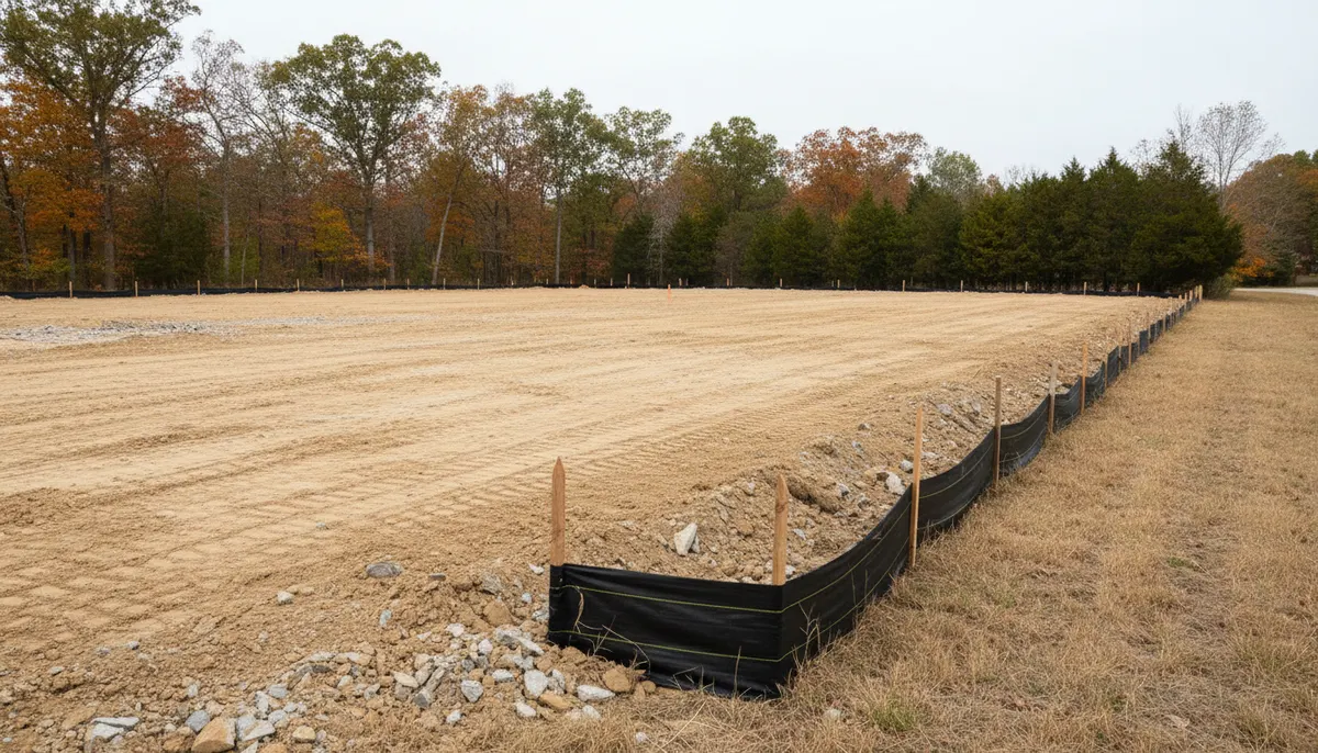 A compacted pad at design level with grade stakes and a perimeter silt fence