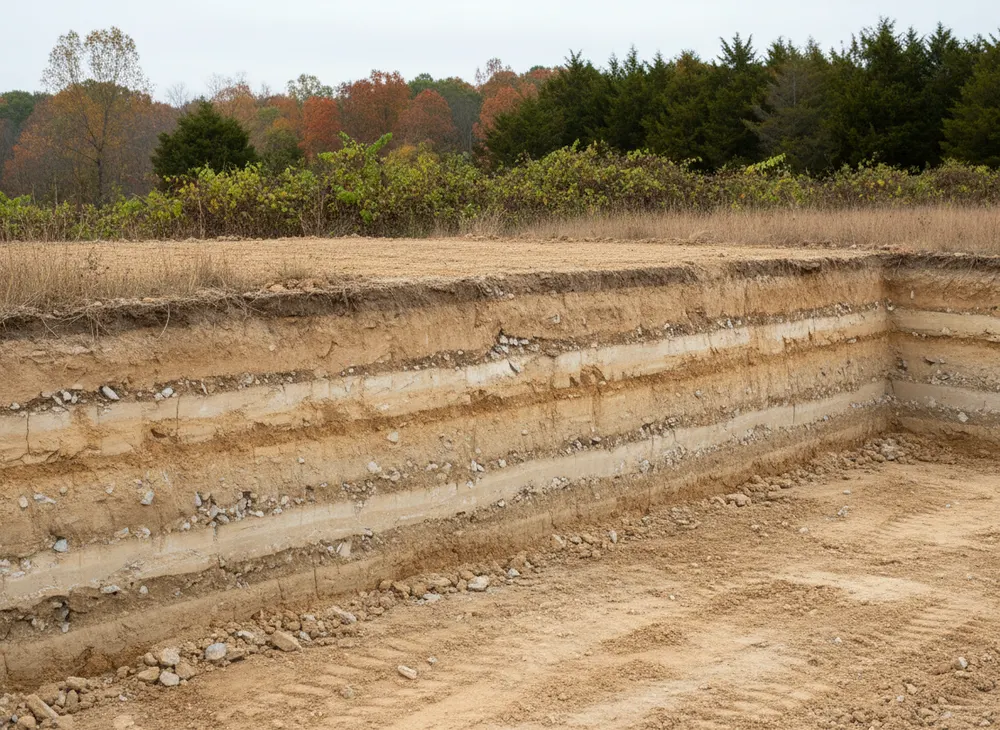 Compacted lifts stacked in visible bands at the cut face of a pad edge
