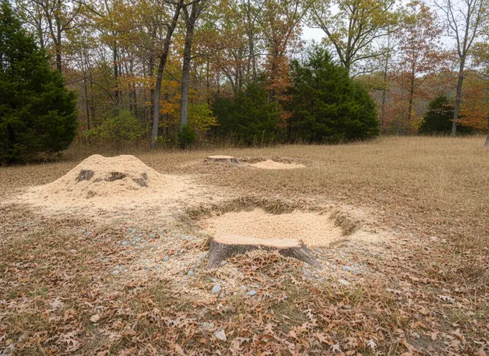 A ground stump left as a chip filled depression with grindings mounded beside it